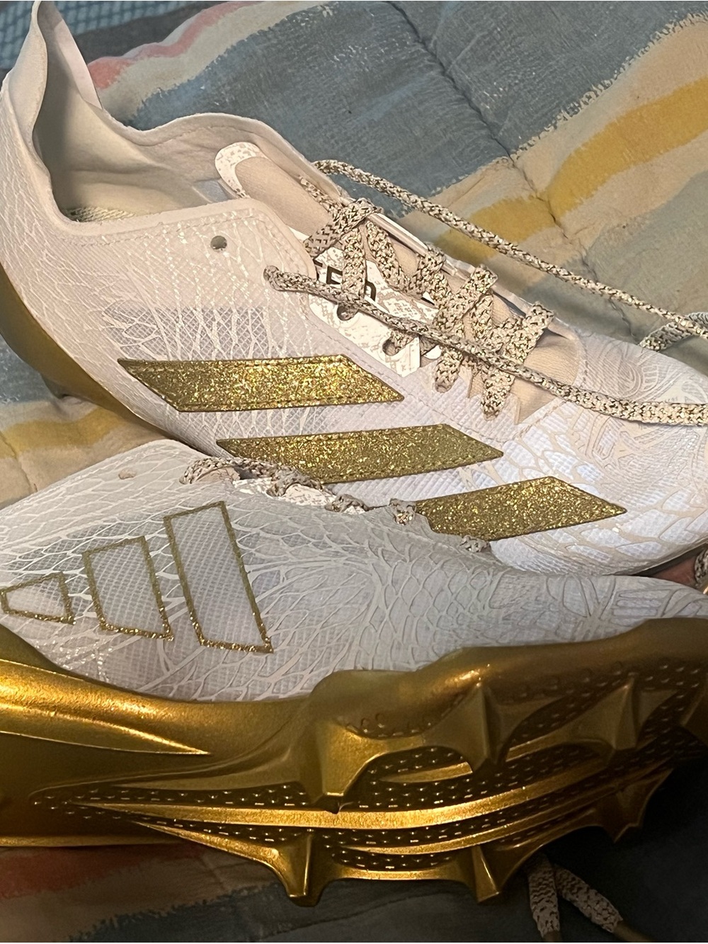 adidas Kids White and Gold Glitter Athletic Cleats
